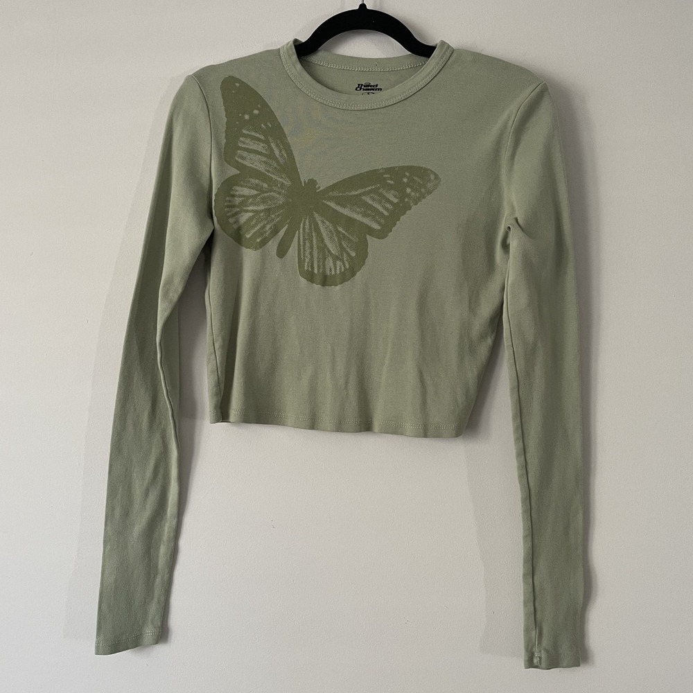 Third‎ Charm Butterfly Long Sleeve Crop Shirt Green Sz S Cotton Y2K Grunge Fairy